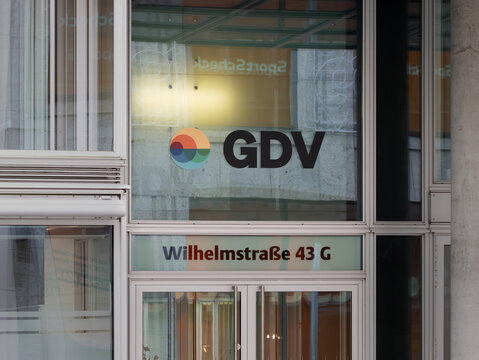 BERLIN, GERMANY - 7. February 2024: GDV logo sign on a building entrance. The Gesamtverband der Versicherer (German Insurance Association) is located in the Wilhelmstrasse.