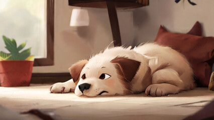 A dog lying on the floor resting.
Generative AI