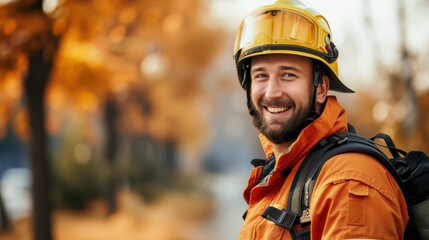 portrait of a happy firefighter, wearing his fireproof suit with  copy space - obrazy, fototapety, plakaty