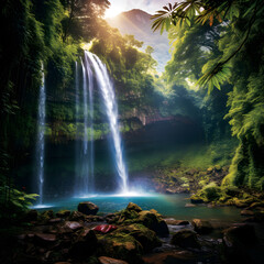 Mesmerising Summertime View of a Pristine Waterfall Nestled in the Heart of a Rainforest Mountain...