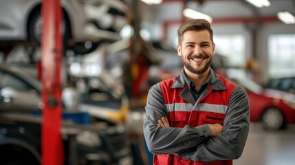 Obraz premium A proud mechanic, dressed in work attire, stands in front of a modern car repair shop, exuding joy in his profession.