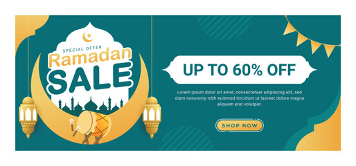 Ramadan sale promotion horizontal banners with arabic lanterns and islamic ornament. Suitable for social media post and web header. vector illustration