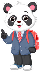Cute Panda Cartoon Going to School Vector Illustration. Cute Panda in School Uniform with Bag