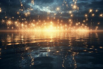 Fireworks reflected on the water surface. Generative ai