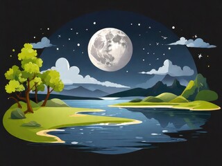 moon over lake with tree cloud  and star illustration