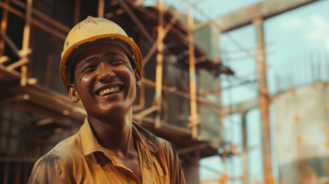 construction worker in the building construction area, happy and proud of his profession