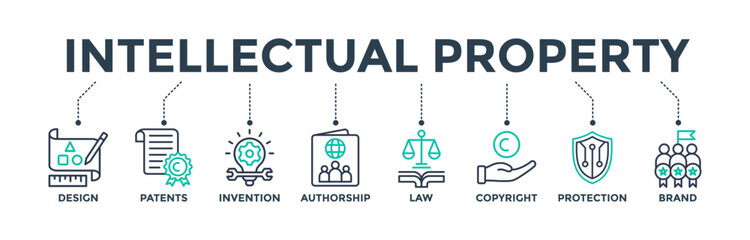 Intellectual property banner web icon concept for trademark with the icon of design, patents, invention, authorship, law, copyright, protection, and brand. Vector illustration 