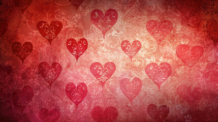 Retro-style Valentine's background with vintage heart patterns in red and pink, reminiscent of classic wallpaper designs