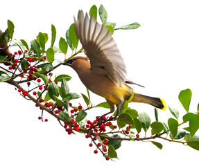 A Close-up of a Cedar Waxwing Landing on a Holly Tree Branch with a White Background - 739653966