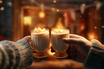 Friends toasting with eggnog and enjoying a cozy. Generative ai