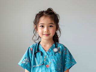 Asian looking girl child in medical uniform light colored background . Generative AI