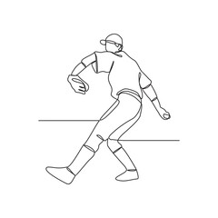 One continuous line drawing of Baseball player vector illustration. baseball player throwing, catching,  hitting and running to base, and sliding. Continuous line sports design vector illustration
