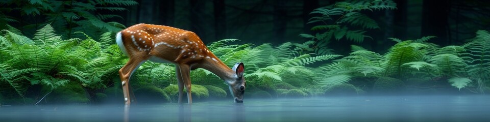 Serene Deer Drinking by Misty Lake, Forest Wildlife Scene