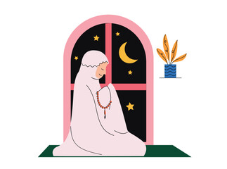 Ramadan Activity Concept Illustration. Muslim Woman Praying On Night Ramadan Illustration. Ramadan Illustration.