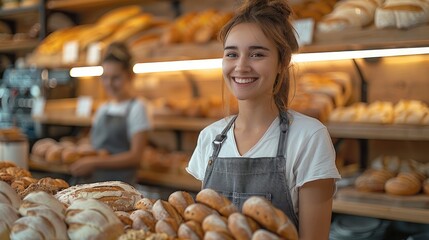 Smiling pretty saleswoman sales bread in a clean and modern with wood style bakery. Generative AI. - obrazy, fototapety, plakaty