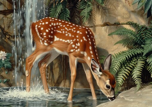 Vintage Painting of Fawn by Waterfall, Classic Wildlife Art
