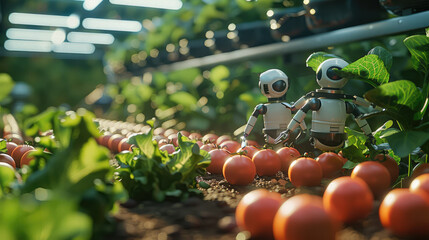 Smart farm with androids and drone. Futuristic Technology in smart agriculture farming. Generative AI.