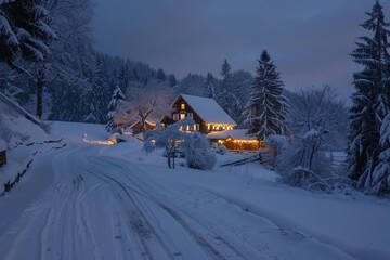 Snow-covered winter scene with a picturesque landscape and serene atmosphere