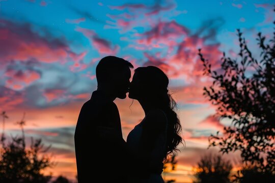 Silhouette of a couple sharing a romantic kiss against a backdrop of a colorful sunset Symbolizing love Romance And the beauty of shared moments