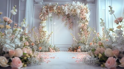 Wedding stage decor, backdrop, real flowers. Generative AI.