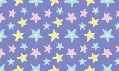 Colorful Christmas Stars Seamless Pattern with Gold Holiday Decoration on Blue Sky Background