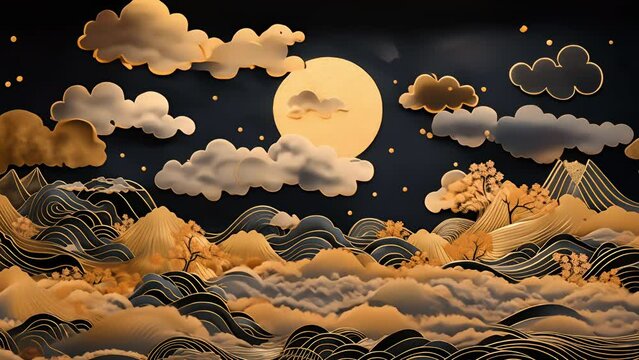 Abstract Ukiyo-e panel with gold leaf of the moon rising over mountains and forest as clouds roll in
