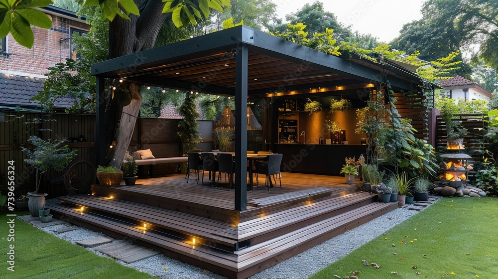 Aufkleber small but modern veranda that is made with natural and black wood in a backyard. generative ai.
