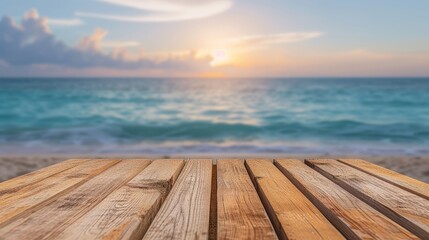 Fototapeta na wymiar wooden board empty table top blur sea sky background