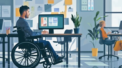 Man in a wheelchair having an inclusive office job - obrazy, fototapety, plakaty