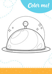 Coloring page for kids with cartoon restaurant cloche.
A printable worksheet, vector illustration.

