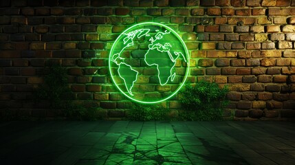 Green Neon lights of Eco Friendly Earth Symbol on Wall Brick Background. Environmental Conservation, Save the Planet, Net Zero, Earth Day, Environment Day, Zero Carbon Dioxide Emissions