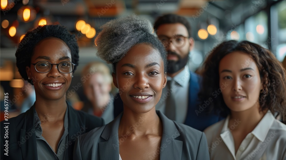 Poster smiling diverse corporate workers. generative ai.