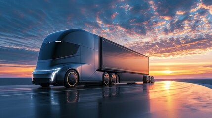 A hightech truck trailer with a sleek design and advanced fuel efficiency features showcasing innovation and costsaving measures in the transportation industry. - obrazy, fototapety, plakaty