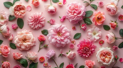 Overhead flat lay view on light pink background, surrounding with blossoming roses flowers and peonies, studio light. Generative AI.