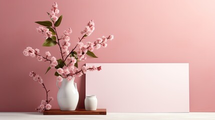 A jug with flowering branches and a white leaf on a pink background. Spring sale.