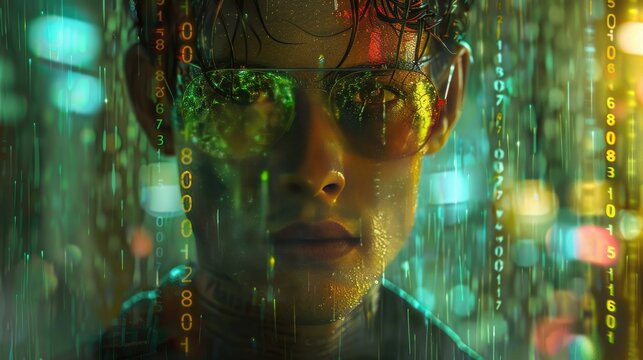 The face of a young man with glasses on the background of a binary code. The concept of virtual reality.