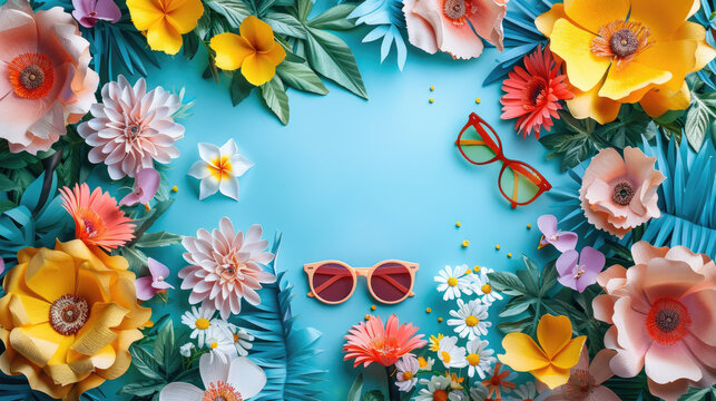 Sunglasses and a frame of cut-out multicolored flowers on a blue background. Hello summer! Hello spring!