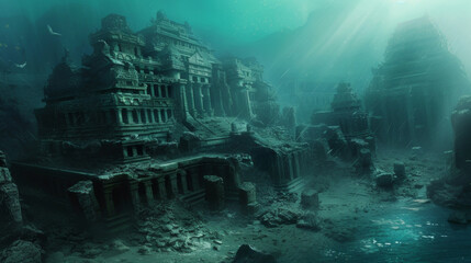 The ocean floor holds the remnants of an underwater empire its grand structures still standing despite centuries of being submerged. Faded hieroglyphics and artifacts reveal - obrazy, fototapety, plakaty