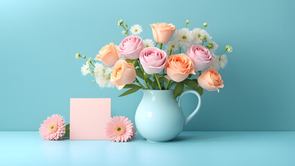 3D Bouquet Flower Displayed in Porcelain Ceramic Vase on Blue Pastel Background. Enhancing Birthday, Mother's Day, Valentine's Day Decoration Concept.