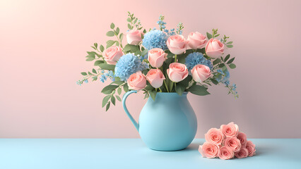 3D Bouquet Flower Set in Stylish Porcelain Ceramic Vase against Blue Pastel Background. Adding Charm to Birthday, Mother's Day, Valentine's Day Decor.