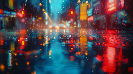 Raindrops cling to a car glass with a backdrop of colorful bokeh light reflections, creating a vibrant, textured effect.