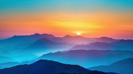 The sun sets in a radiant display of colors, casting layers of silhouettes over the undulating mountain ranges.
