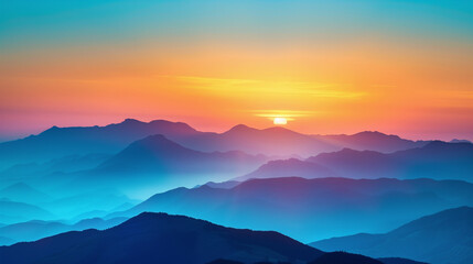 Obraz premium The sun sets in a radiant display of colors, casting layers of silhouettes over the undulating mountain ranges.