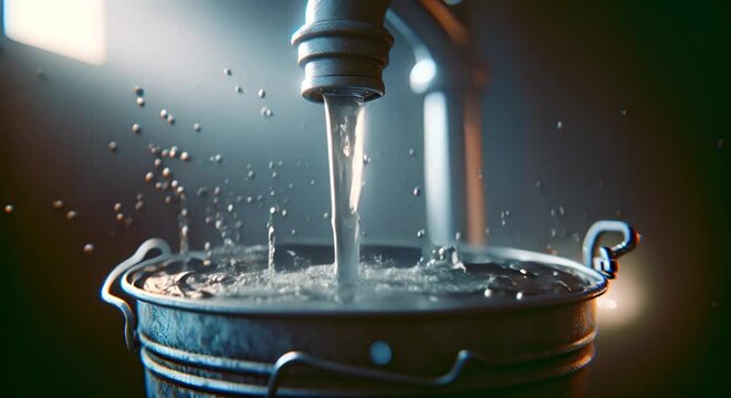 Generative AI animation of Impact of water falling into a bucket from a faucet 