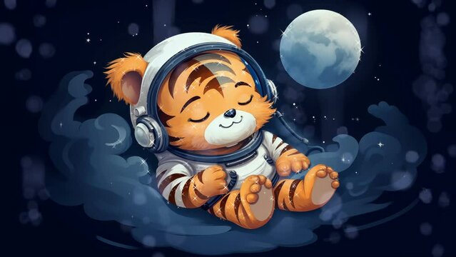Relaxing cute baby tiger astronaut sleeping at outer space. Lullaby baby background 4k Seamless loop animation