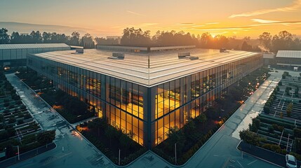 Obraz premium Modern covered vegetable factory, rectangular in shape, modern glass roof, modern parking outside, outside aerial view. Generative AI.