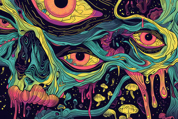 Trippy illustration of the inside of the mind, trippy thoughts, colorful art illustration of our human fantasy