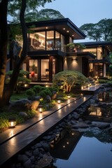 large landscaped yard with lights and gras