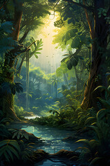 Fototapeta na wymiar Embrace of the Tropical Forest: An Enchanting Glimpse into Dense Jungle Life