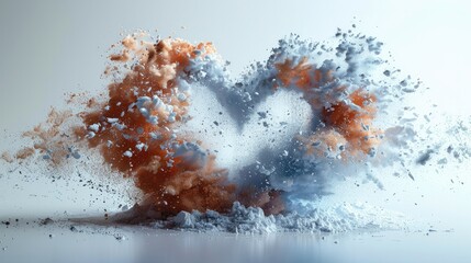 Two strands of powder collide and explode effect, heart shape, powder explosion on white background. Generative AI.